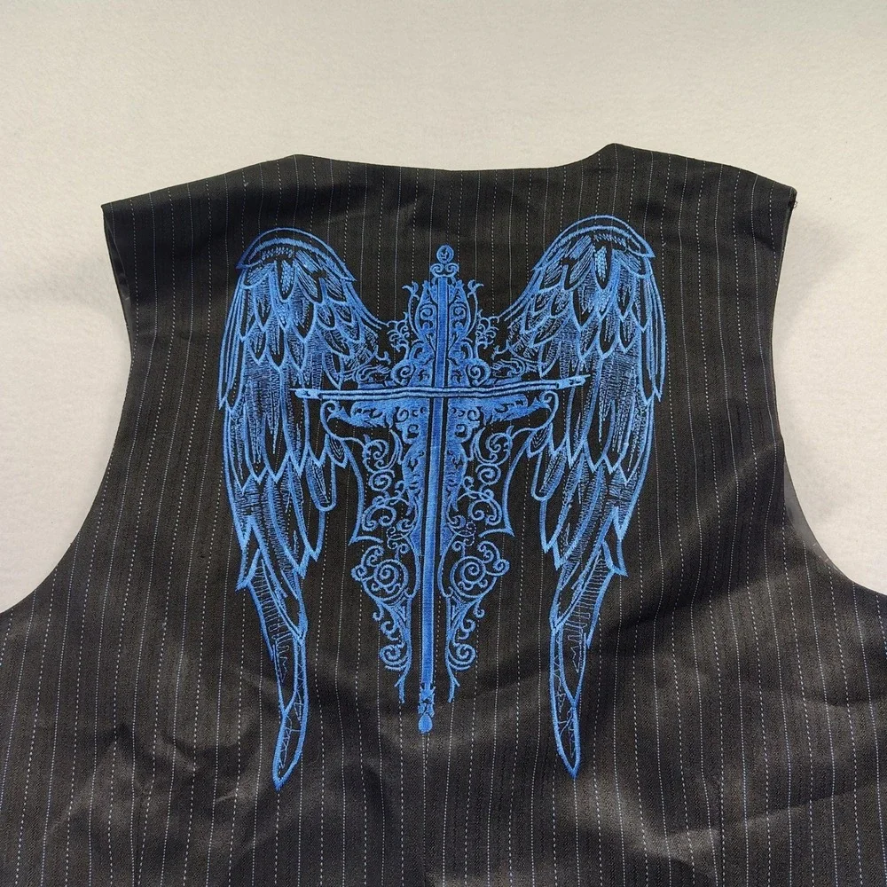 Meztizos USA Mens Pinstripe‎ Vest Black Blue Angel Wing Cross Embroidered XL